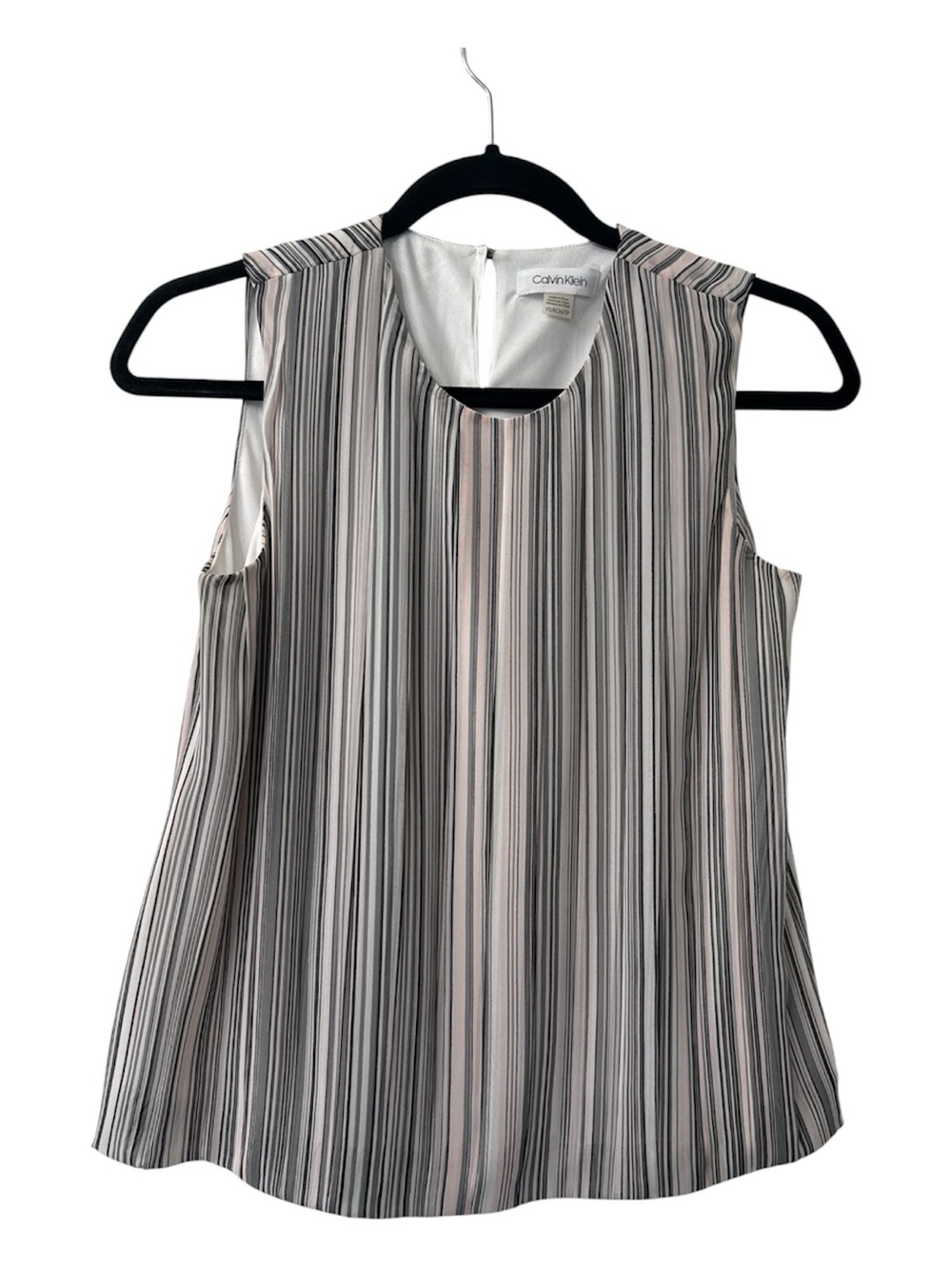 Calvin Klein Sleeveless Striped Pink, Gray, Black, and White Bubble Blouse